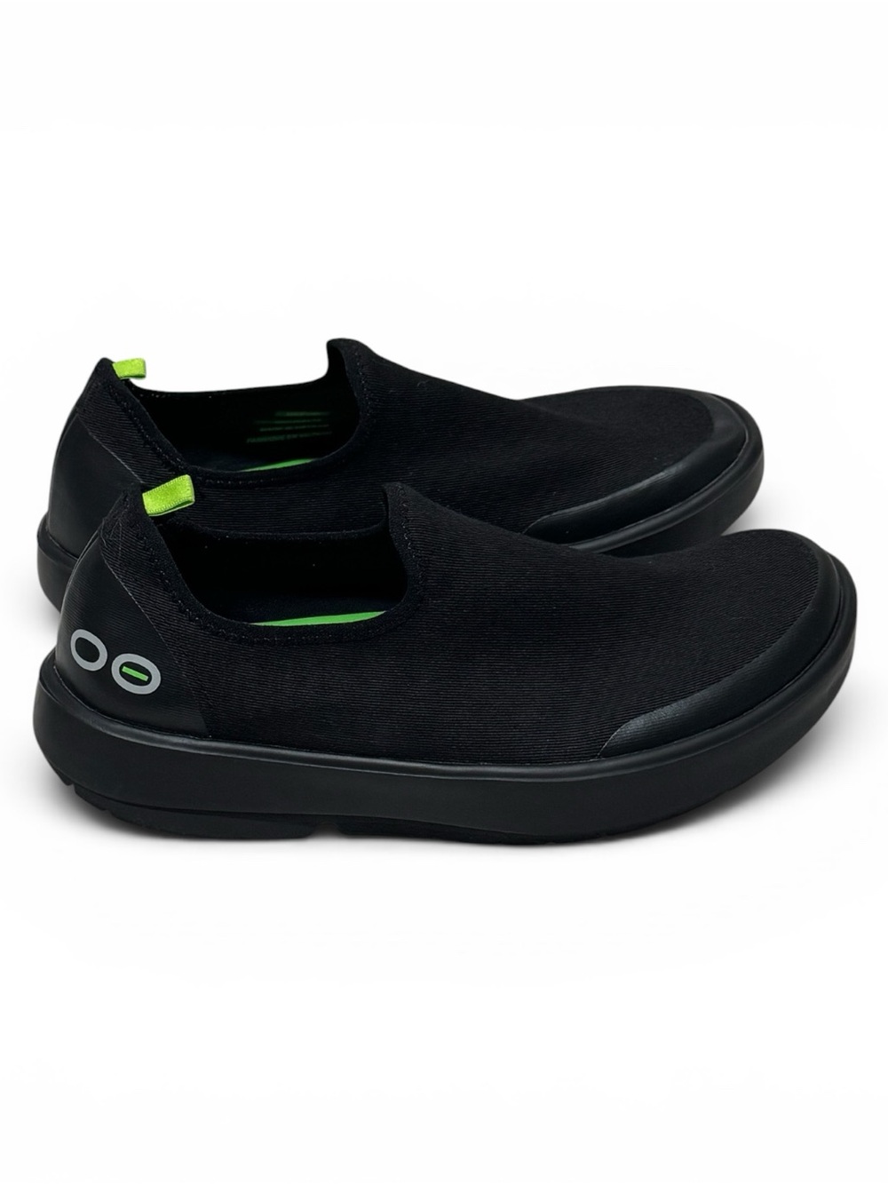 OOFOS Women's Slip-On Sneakers in Black with Neon Green Accents
